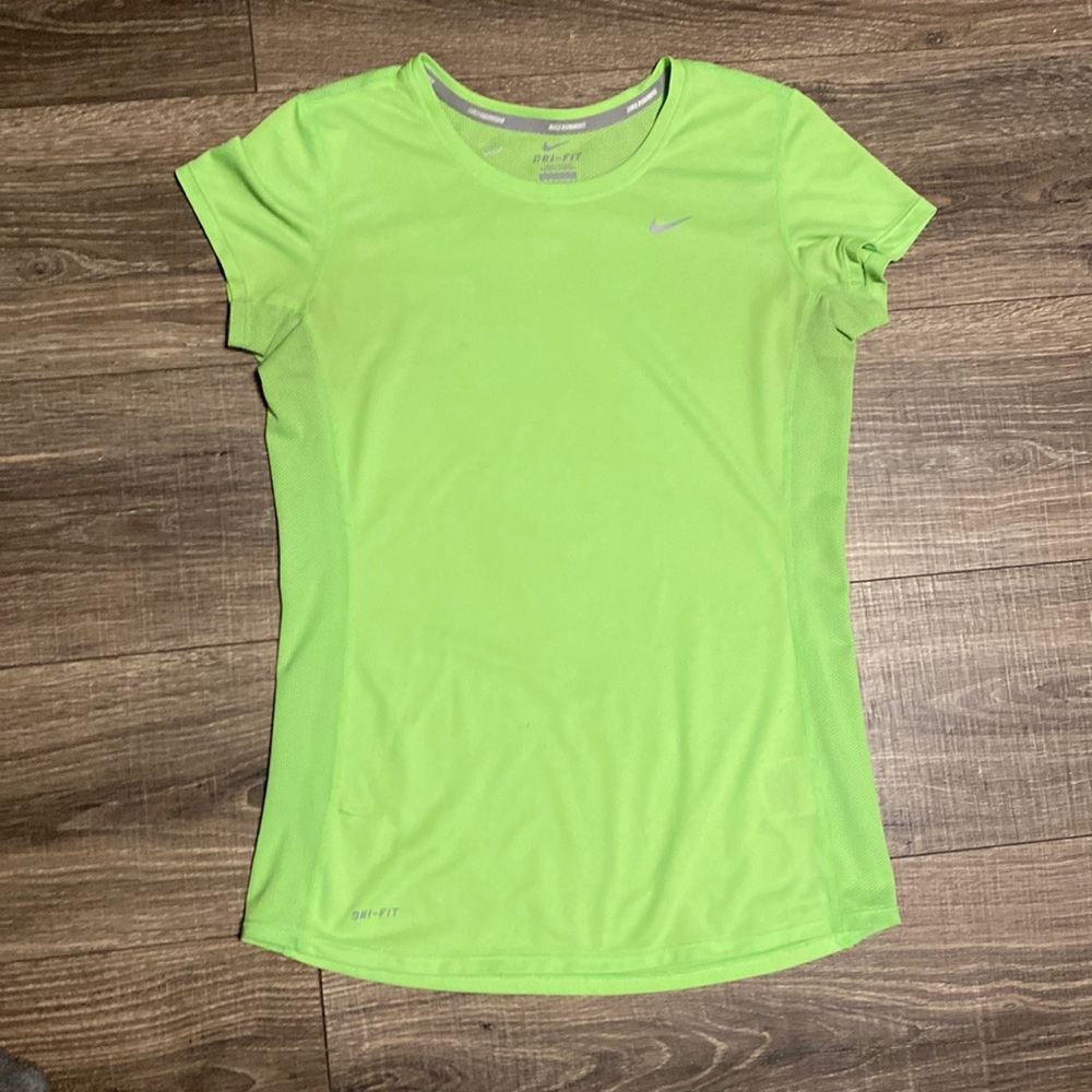 Nike DRI-FIT green Running top featuring mesh side panels and upper back area